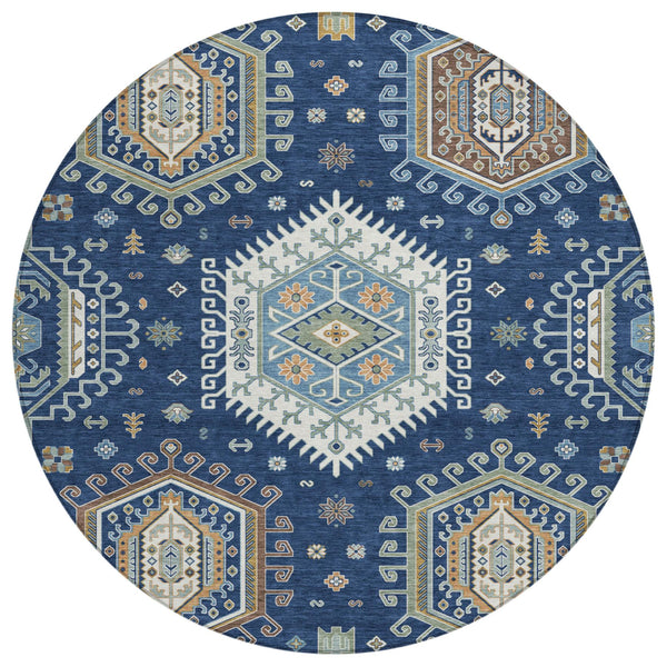 8 Ft Round Tribal Geometric Polyester Rug Navy Ivory Indoor Outdoor Washable