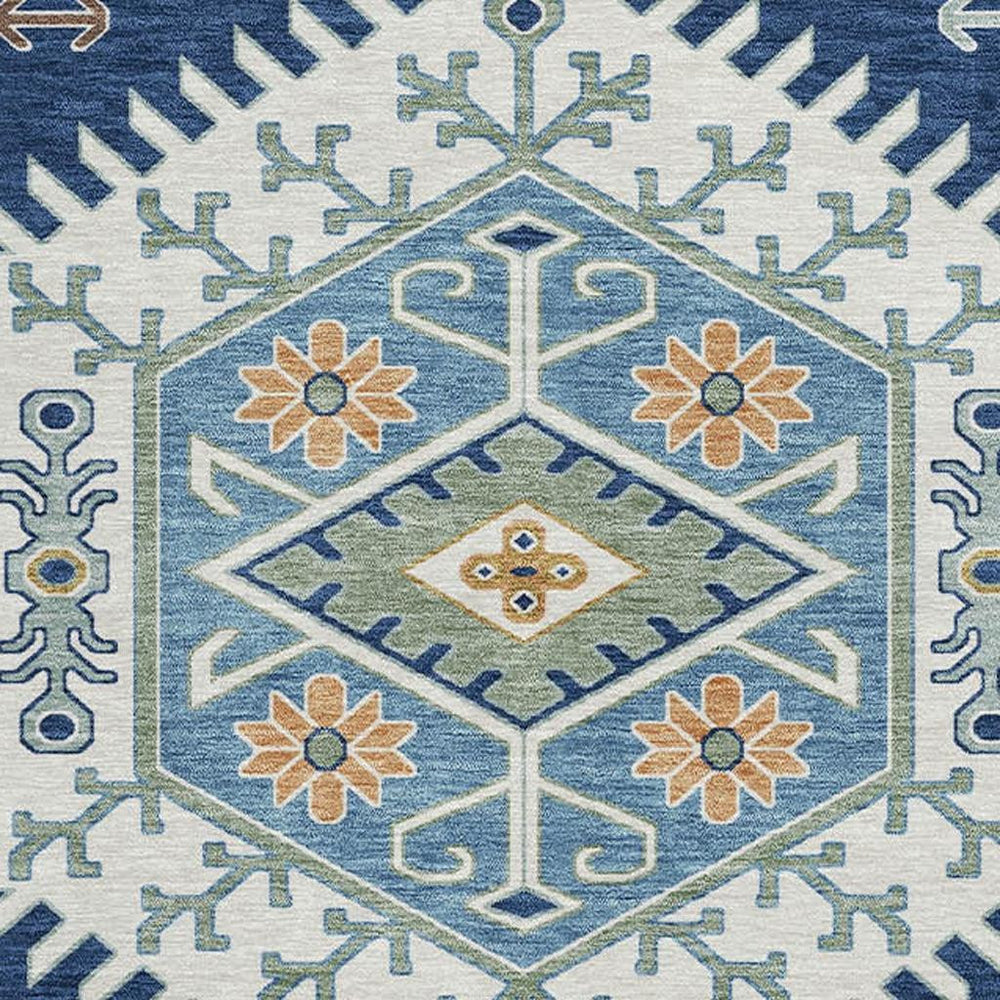 HomeRoots 8 Ft Round Tribal Geometric Polyester Rug Navy Ivory Indoor Outdoor Washable 731752
