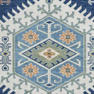 HomeRoots 8 Ft Round Tribal Geometric Polyester Rug Navy Ivory Indoor Outdoor Washable 731752