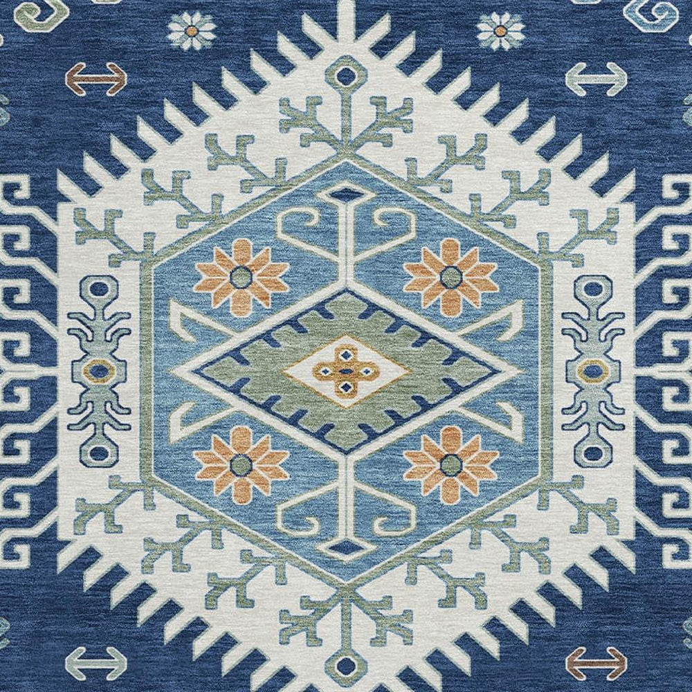HomeRoots 8 Ft Round Tribal Geometric Polyester Rug Navy Ivory Indoor Outdoor Washable 731752