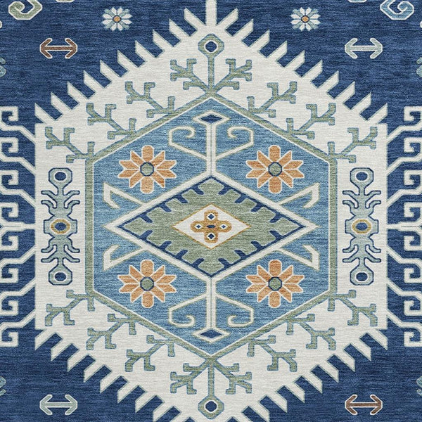 8 Ft Round Tribal Geometric Polyester Rug Navy Ivory Indoor Outdoor Washable