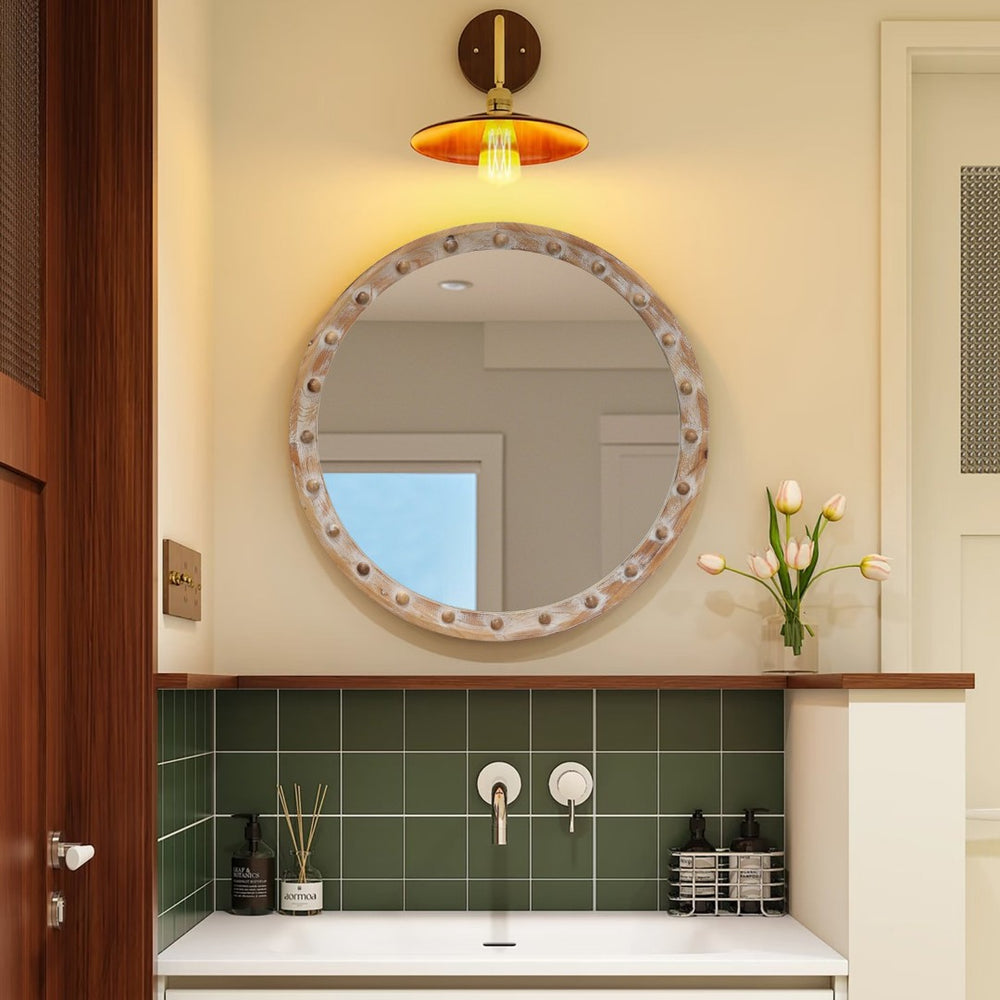 English Elm Round Rattan Textured Wall Mirror Natural Woven Frame Bohemian Accent for Any Room W2295P414106