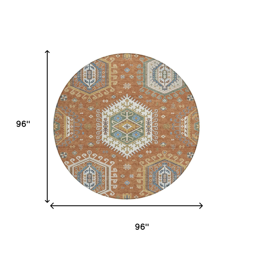 8' Round Tribal Geometric Polyester Area Rug Machine Washable Indoor Outdoor Use