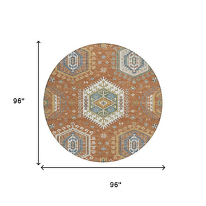8' Round Tribal Geometric Polyester Area Rug Machine Washable Indoor Outdoor Use