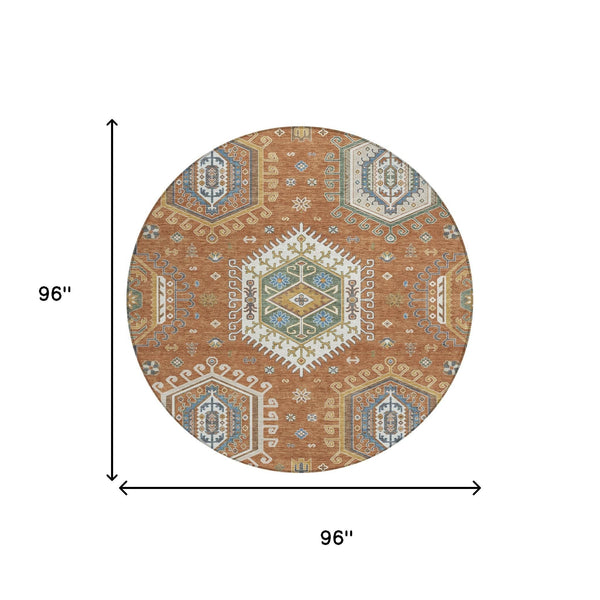 8' Round Tribal Geometric Polyester Area Rug Machine Washable Indoor Outdoor Use