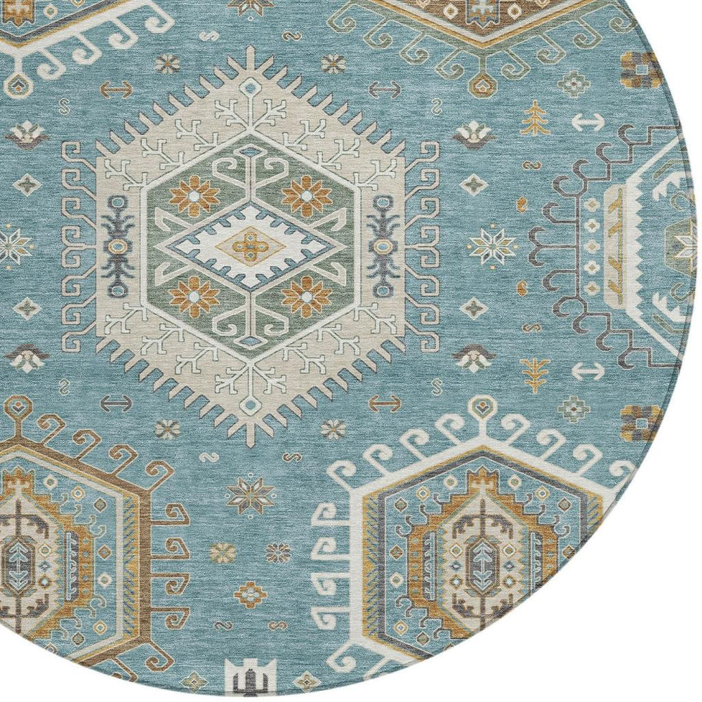HomeRoots 8' Round Tribal Geometric Polyester Rug Teal Ivory Washable Patio Porch Foyer 731764