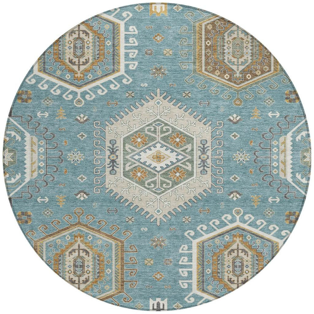 HomeRoots 8' Round Tribal Geometric Polyester Rug Teal Ivory Washable Patio Porch Foyer 731764
