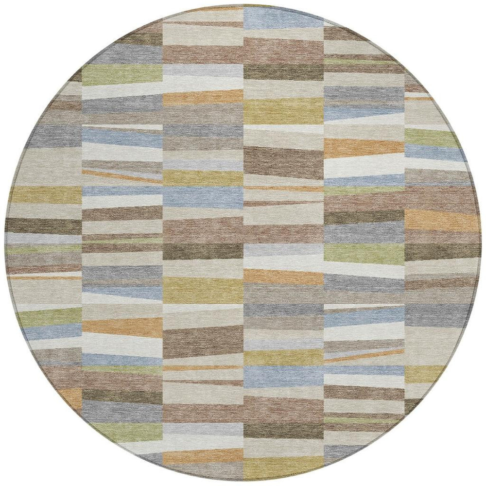 8 Ft Round Striped Polyester Rug Washable for Indoor Outdoor Patios and Entryways