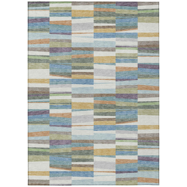 5 X 8 Washable Polyester Striped Indoor Outdoor Rug Coastal Blue Ivory Patio