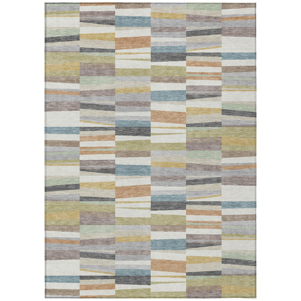 Striped Polyester Area Rug Washable Coastal Ivory Teal for Indoor Outdoor Patio Use
