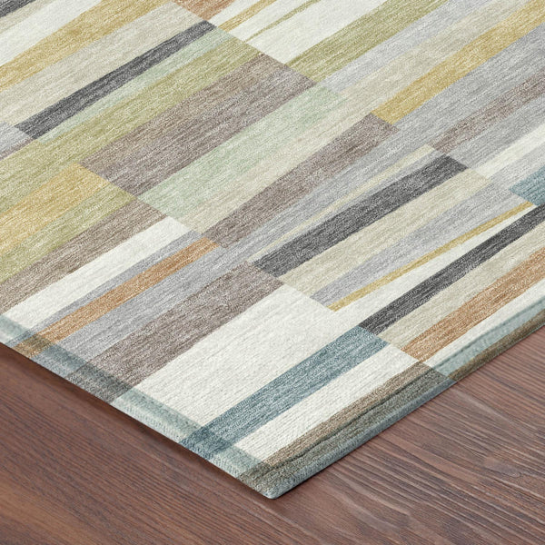 Striped Polyester Area Rug Washable Coastal Ivory Teal for Indoor Outdoor Patio Use