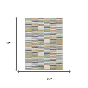 Striped Polyester Area Rug Washable Coastal Ivory Teal for Indoor Outdoor Patio Use