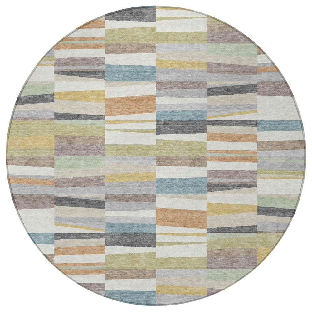 8' Round Striped Polyester Area Rug Machine Washable for Patios and High Traffic Spaces