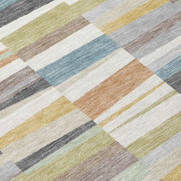 Striped Polyester Area Rug Washable Coastal Ivory Teal for Indoor Outdoor Patio Use