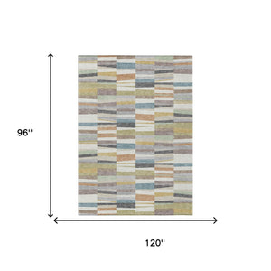 Striped Polyester Area Rug Washable Coastal Ivory Teal for Indoor Outdoor Patio Use