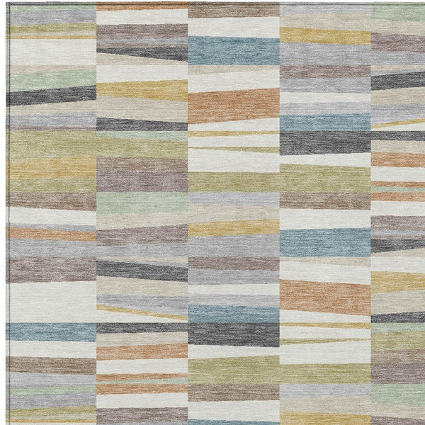 HomeRoots Striped Polyester Area Rug Washable Coastal Ivory Teal for Indoor Outdoor Patio Use 9' x 12' 731796