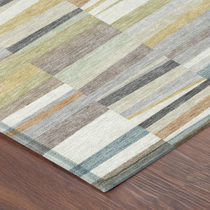 Striped Polyester Area Rug Washable Coastal Ivory Teal for Indoor Outdoor Patio Use
