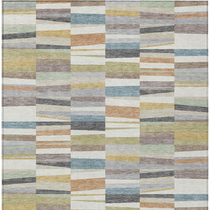 Striped Polyester Area Rug Washable Coastal Ivory Teal for Indoor Outdoor Patio Use