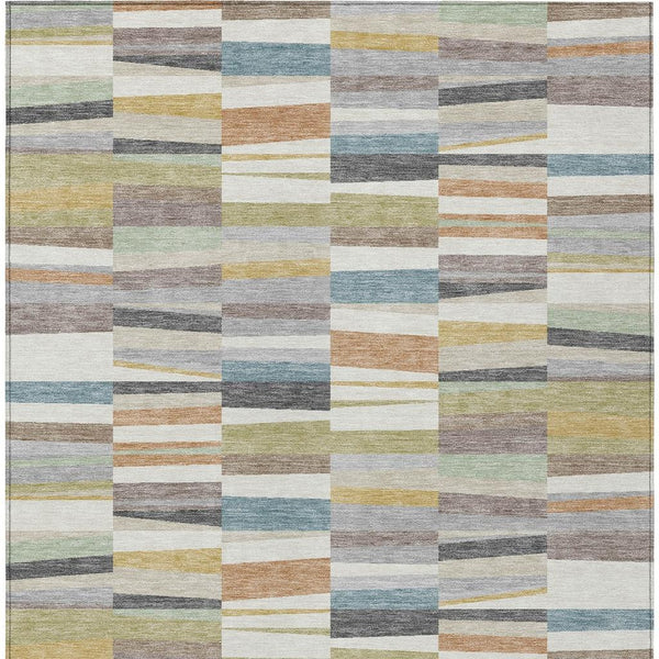 Striped Polyester Area Rug Washable Coastal Ivory Teal for Indoor Outdoor Patio Use