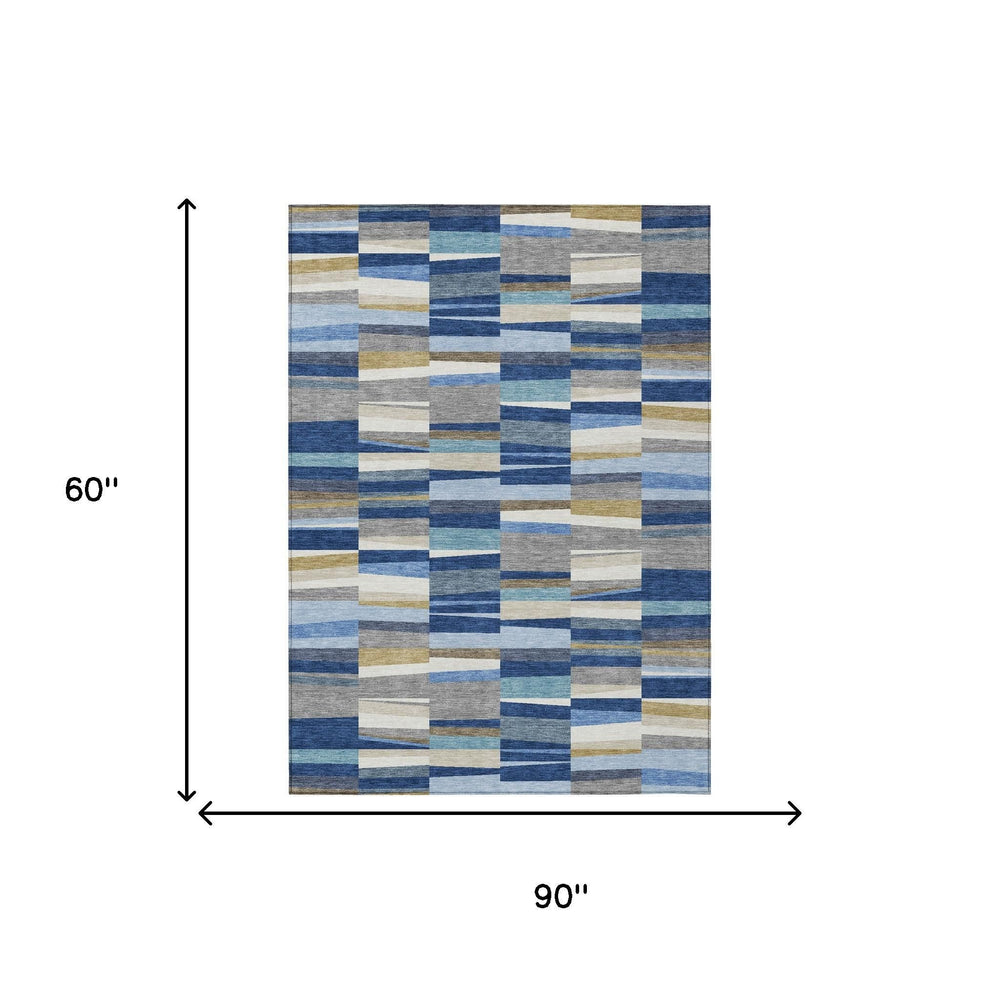 5 X 8 Navy Striped Washable Polyester Area Rug for Patios Decks and Entryways