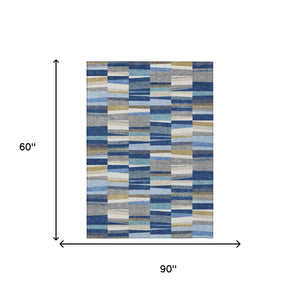5 X 8 Navy Striped Washable Polyester Area Rug for Patios Decks and Entryways