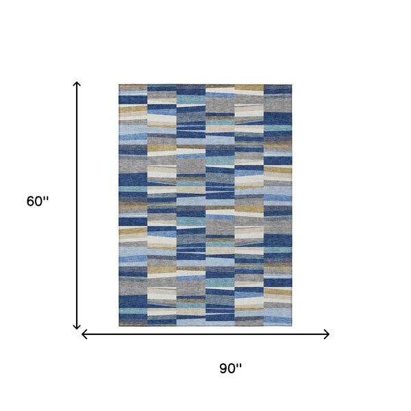 5 X 8 Navy Striped Washable Polyester Area Rug for Patios Decks and Entryways