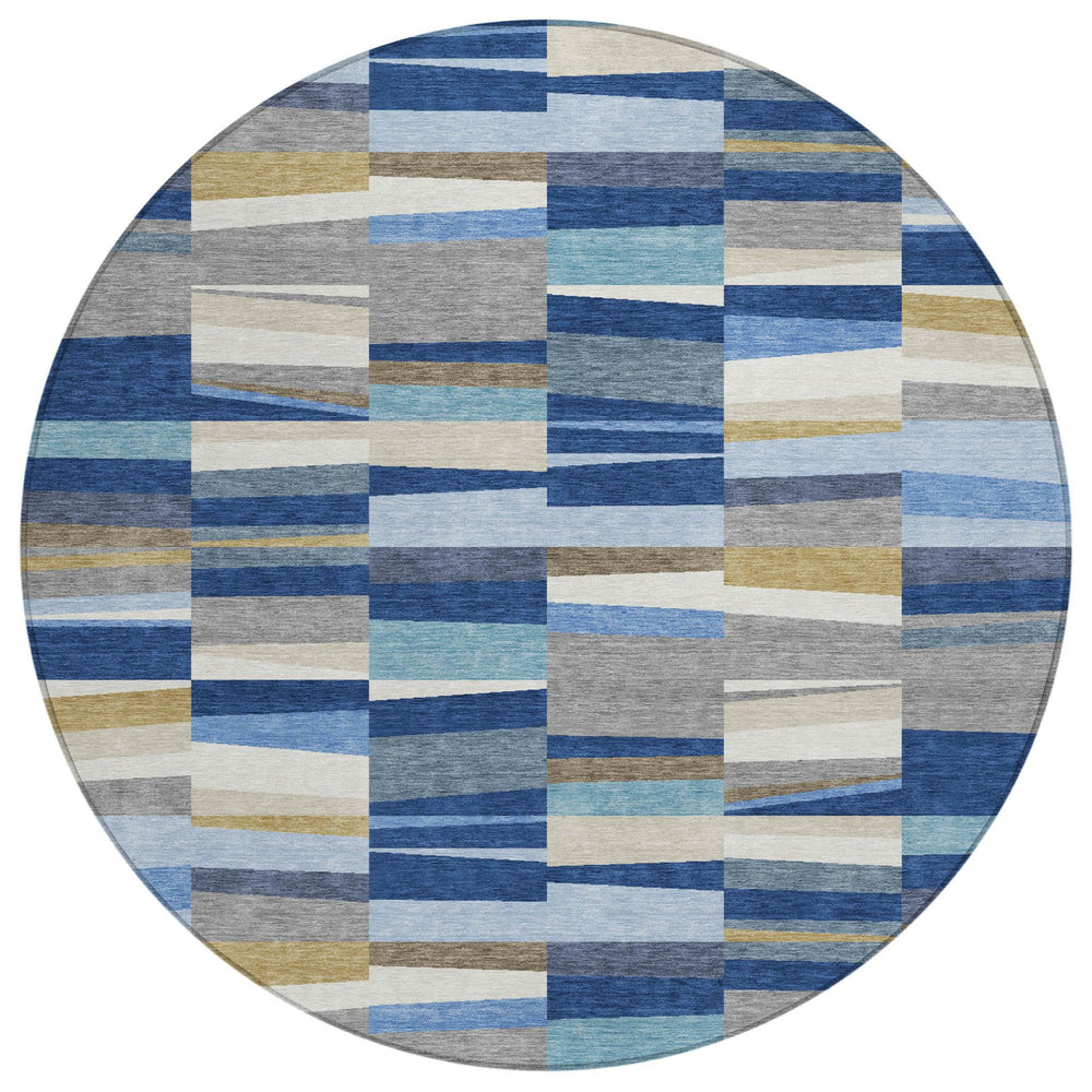 8 Foot Round Striped Polyester Area Rug Washable Indoor Outdoor Coastal Decor