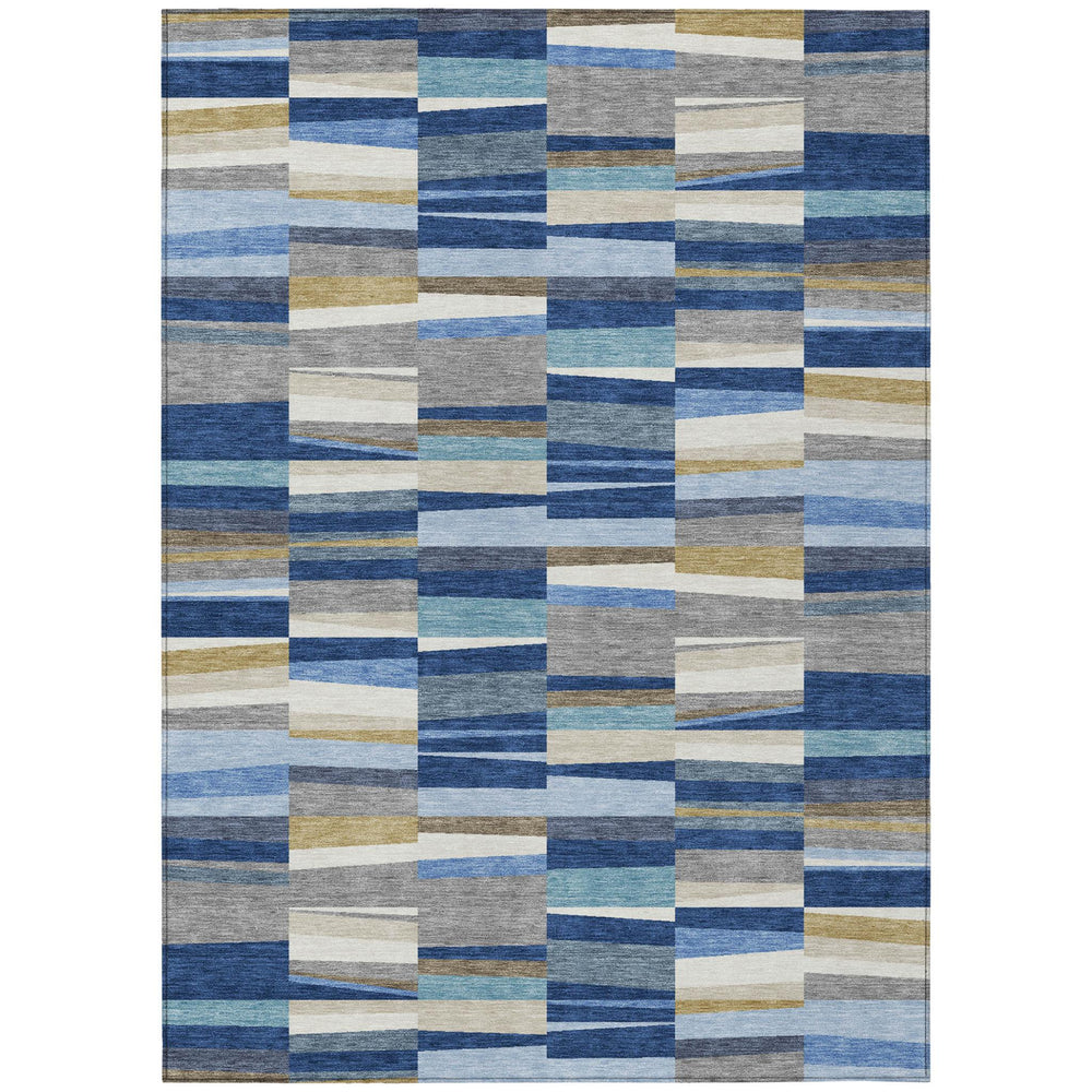 10 X 14 Navy Stripe Washable Polyester Rug for Patios Porches and Living Rooms