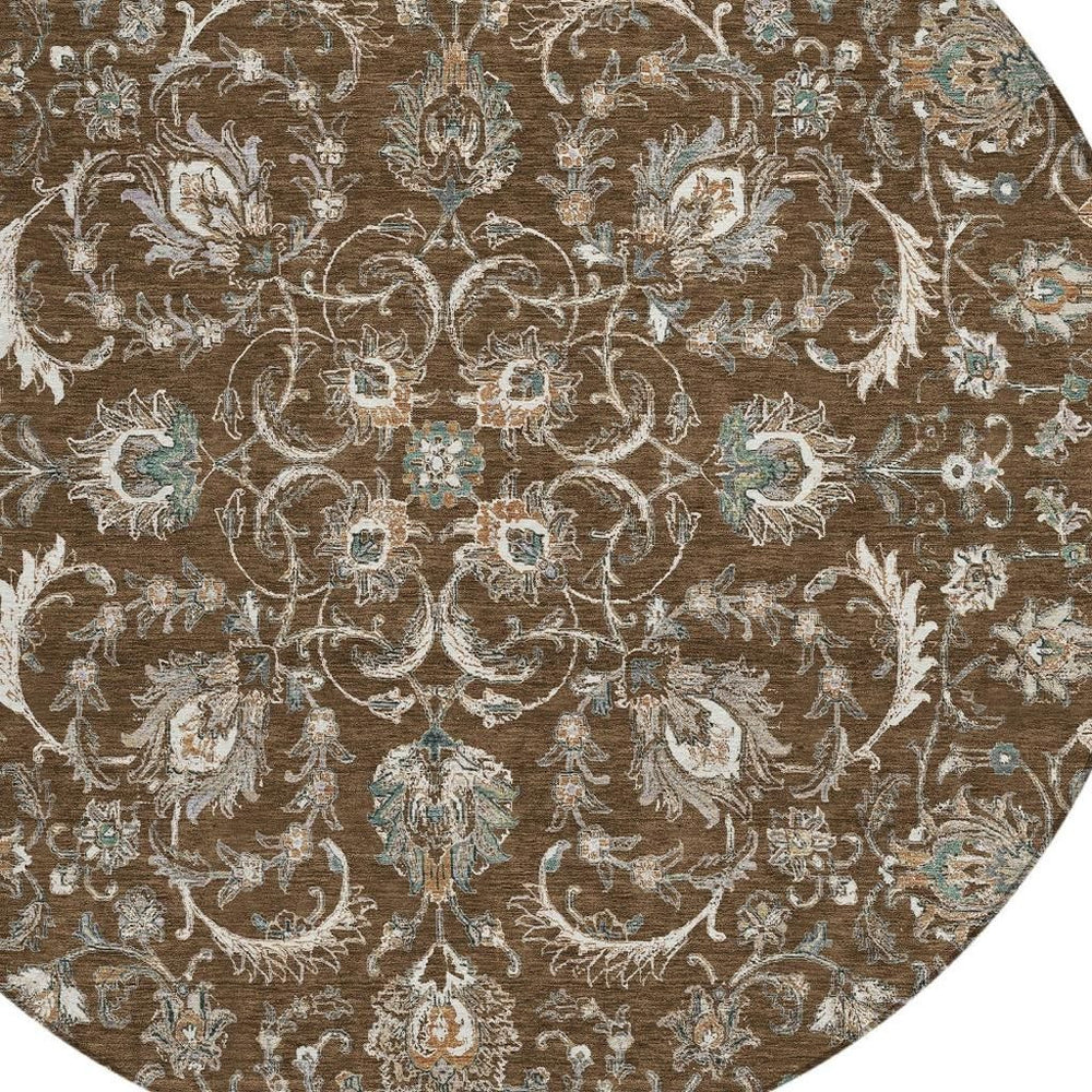 HomeRoots 8 Ft Round Botanical Leaf Polyester Area Rug Washable Indoor Outdoor Patio Decor 731822
