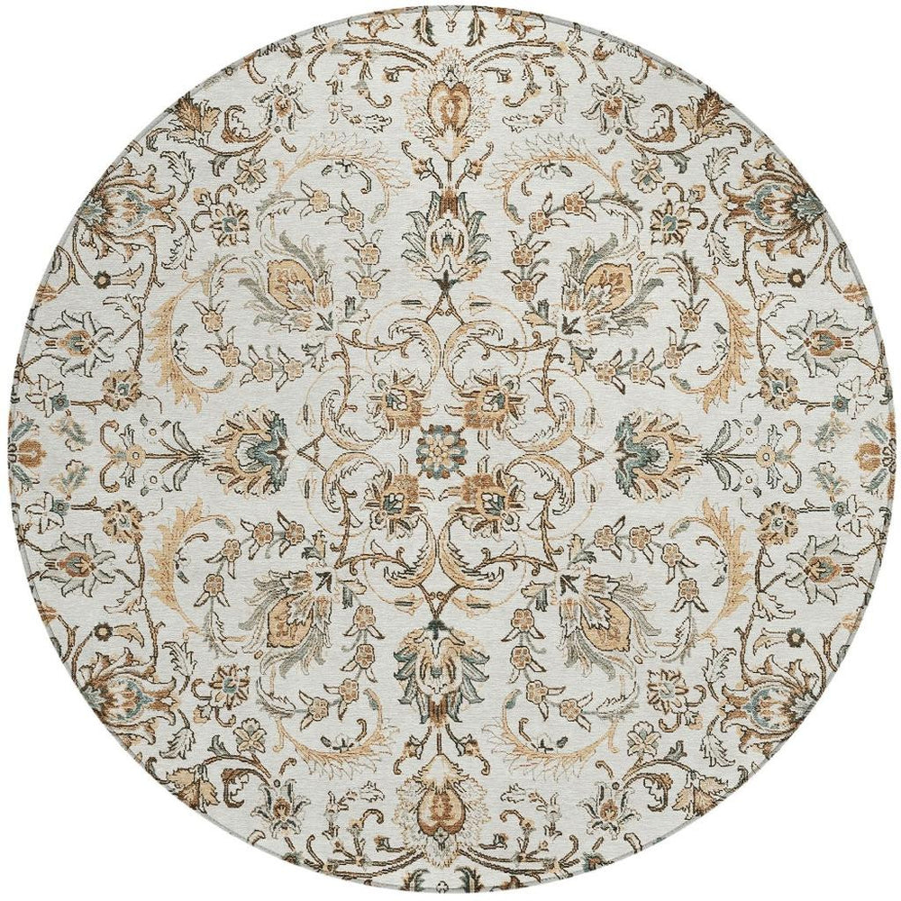 8 Ft Round Botanical Leaf Polyester Indoor Outdoor Rug Washable Ivory Beige Patio