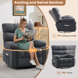 English Elm Swivel Rocker Recliner Ergonomic Glider Chair with Storage Pockets for Small Spaces W1521P479289