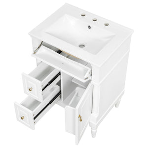 English Elm 24 Inch Freestanding Vanity with Ceramic Sink Rubberwood Frame Matte Finish Storage White N725P356058K