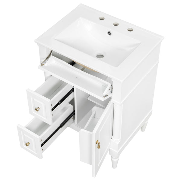 English Elm 24 Inch Freestanding Vanity with Ceramic Sink Rubberwood Frame Matte Finish Storage White N725P356058K
