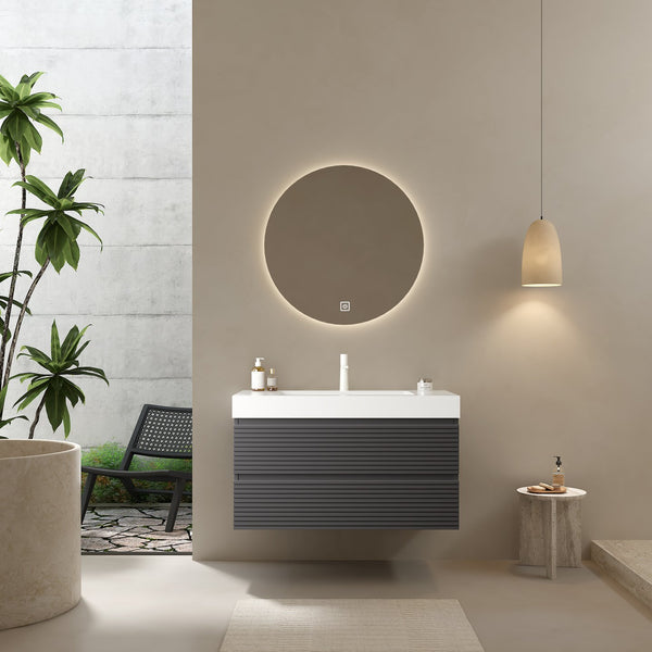 English Elm VENO 36" Floating Bathroom Vanity with Integrated Solid Surface Basin, Plywood Gray Striped Drawers W2615S00041