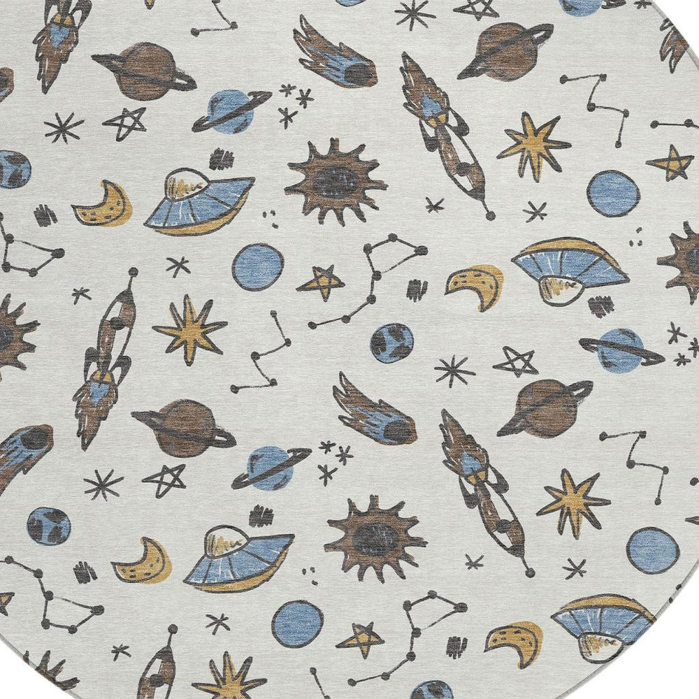 HomeRoots 8 Foot Round Animal Print Polyester Area Rug Washable Indoor Outdoor Ivory Gold 731948