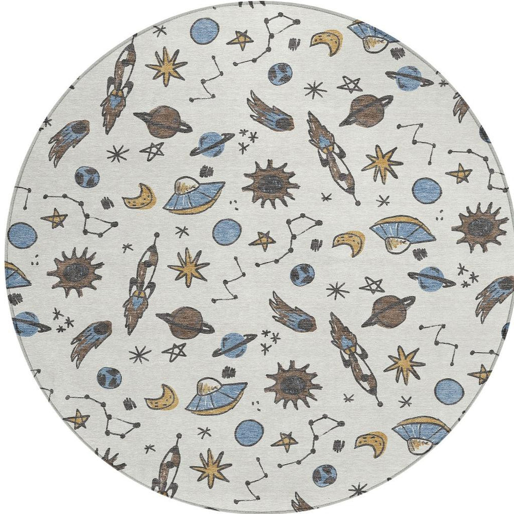 HomeRoots 8 Foot Round Animal Print Polyester Area Rug Washable Indoor Outdoor Ivory Gold 731948