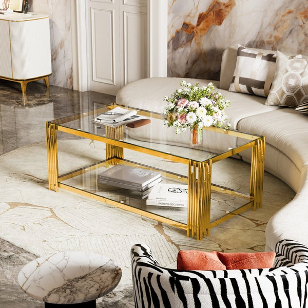 English Elm Modern Glam Rectangular Coffee Table with Mirrored Top Gold Sculptural Frame Open Shelf Transparent N735P380099K
