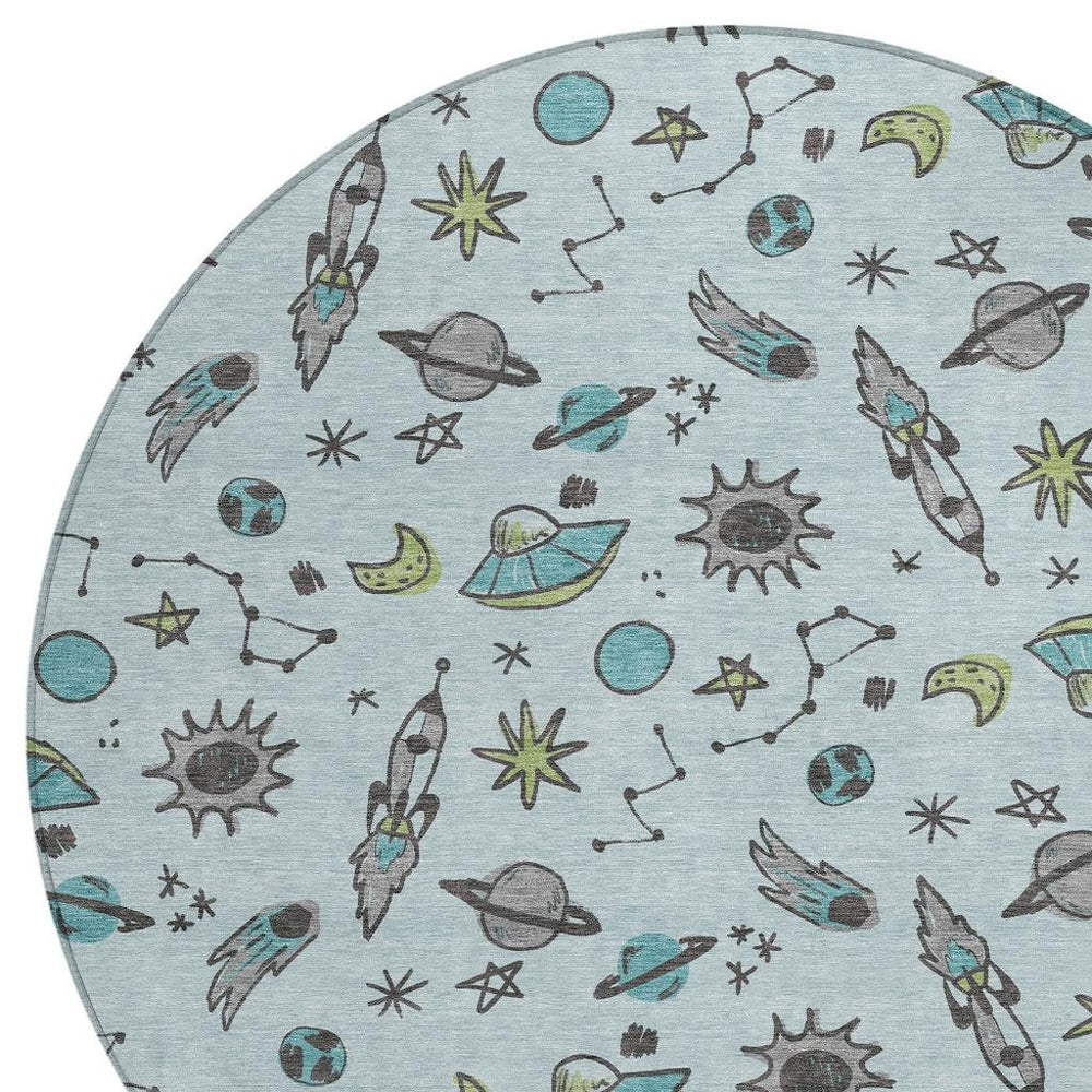 HomeRoots 8 Ft Round Animal Print Polyester Area Rug in Teal for Indoor Outdoor Living 731966