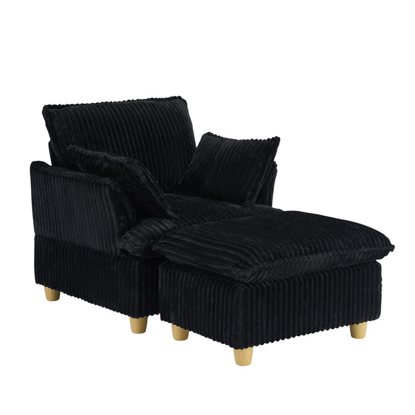 English Elm This single-seat corduroy sofa with ottoman and pillows — compact lounge chair for cozy reading nooks and naps Black W1658S00111