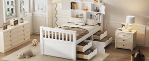 English Elm Twin Captain Platform Bed with Bookcase Headboard Four Drawers Pine Mdf Frame White GX001828AAK-1