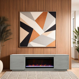 English Elm 89 Inch Fireplace TV Stand Sandstone Finish for TVs up to 100", Modern Poplar & Okume Console w/ Storage, 42" Insert, Remote and Cable Management B108P255365