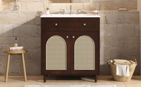 English Elm 30" Rattan Front Bathroom Vanity Solid Pine Cabinet with Ceramic Sink and Adjustable Shelf Walnut N710P293988P