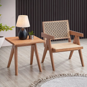 English Elm Beige Rattan Accent Chair with Natural Wood Legs — Breathable Seat, Rustic Earthy Style for Home B062P209169