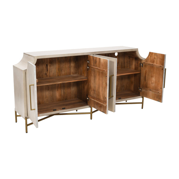 Crestview Collection Coastal Media Credenza - Elegant Solid Mango Wood Sideboard With Adjustable Shelves & Curved Design Cream Solid Wood Cvfnr4819