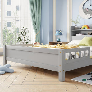 English Elm Full Pine Wood Bed with Bookcase Headboard and LED Motion Sensor Light, Guardrails & Storage Space Grey W504P277598