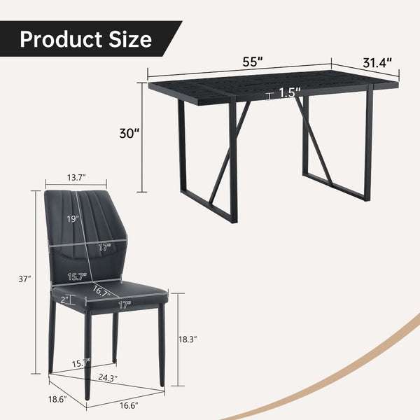 English Elm Black Faux Wood Grain Rectangular Dining Set with Shell Pattern Upholstered Chairs Black W1151S04368