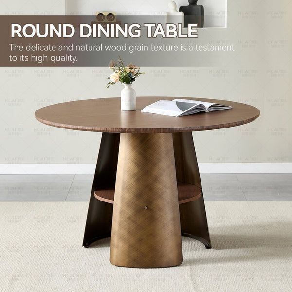 English Elm 47.25 Inch Round Dining Table Walnut Mdf Top Bronze Metal Frame Seats Six W3357S00001