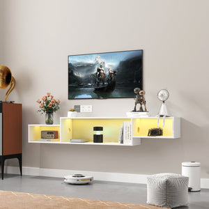 English Elm 65.35in Wall Mounted Floating TV Stand with 20 Color LEDs, Charging Station & Spacious Cable Management for Modern Entertainment White W331P242457