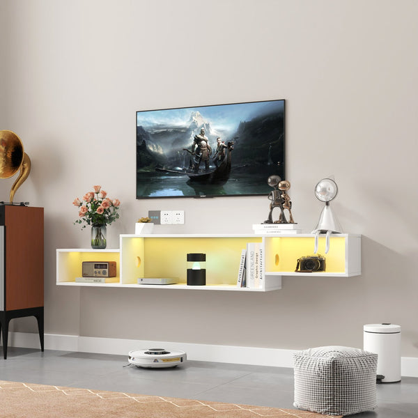 English Elm 65.35in Wall Mounted Floating TV Stand with 20 Color LEDs, Charging Station & Spacious Cable Management for Modern Entertainment White W331P242457