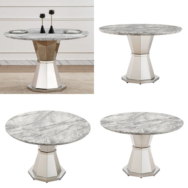 English Elm 47" Round Marble Dining Table - Modern High-Gloss Faux Marble Top & Stainless Steel Base For Elegance W3456S00031